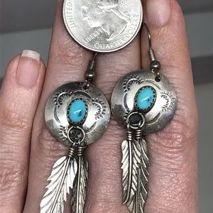 Vintage Sterling Turquoise Feather Dangle Earrings